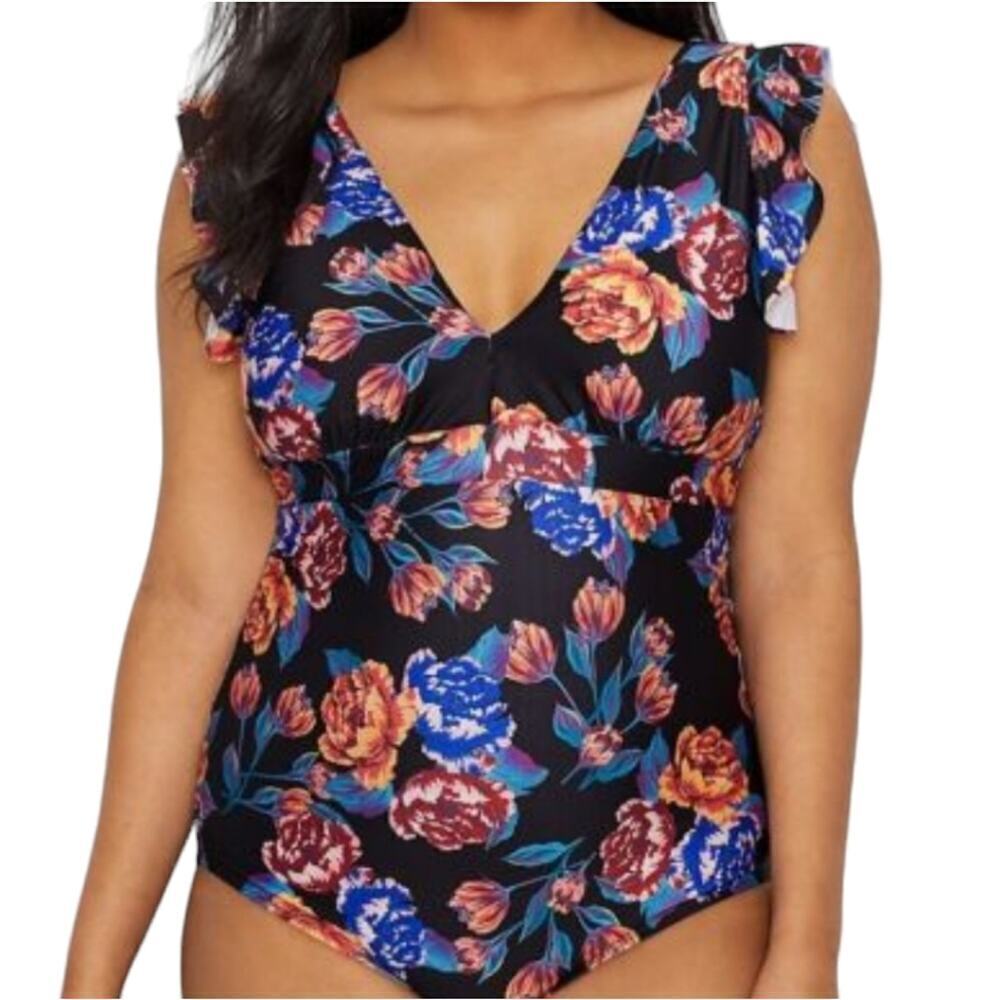 Modcloth Black Floral Kelsie One-Piece Swimsuit Vacation Beach Plus Size XL